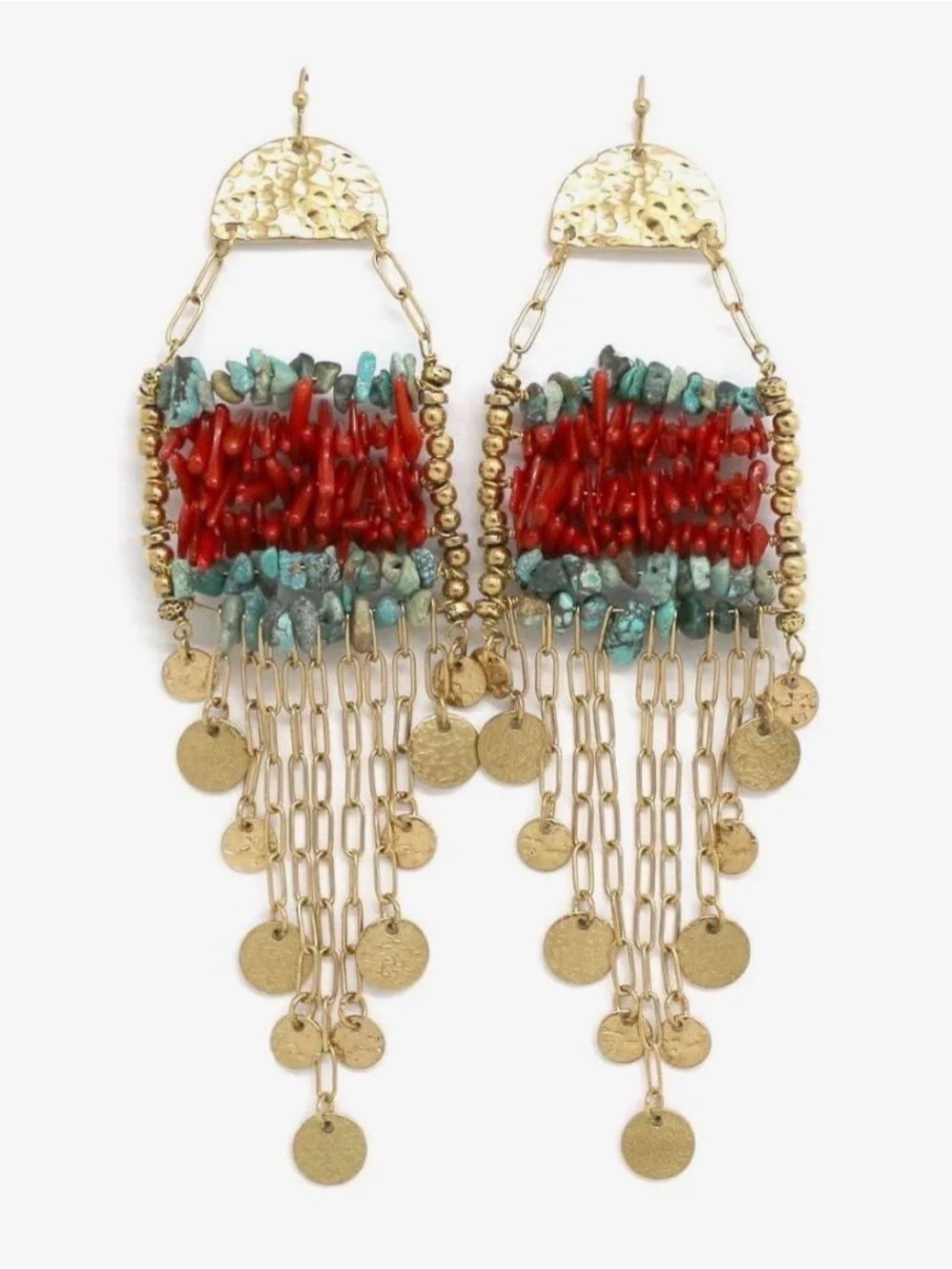 Handmade Gold Plated Red & Turquoise Beaded Fringe Statement Earrings NWT